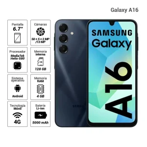 Celular Samsung Galaxy A16 4G 128GB, 4GB RAM, cámara principal 50MP + 5MP + 2MP, frontal 13MP, 6.7″, negro