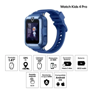 Smartwatch Huawei Watch Kids 4 Pro pantalla 41 mm/AMOLED 1.41″, GPS, resistente al agua 5ATM, batería hasta 2 días, llamadas 4G y video llamadas, azul