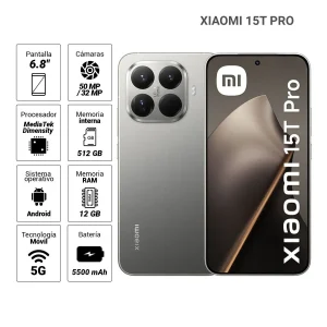 Celular Xiaomi 15T PRO 5G 512GB, 12GB RAM, cámara principal 50MP + 12MP, frontal 32MP, 6.8″, gris