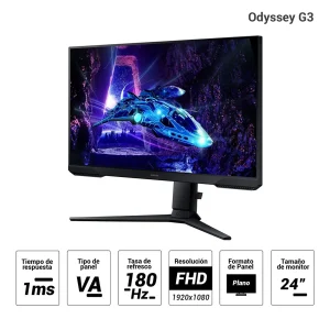 Monitor gamer Samsung 24” Odyssey G3 LS24DG300ELXPE plano, Panel VA, FHD (1920×1080), 180Hz, 1ms, entradas HDMI/DisplayPort, AMD FreeSync